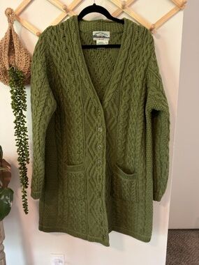 Aran Crafts Boyfriend Cardigan XL Green 100% Merino Wool Made in Ireland